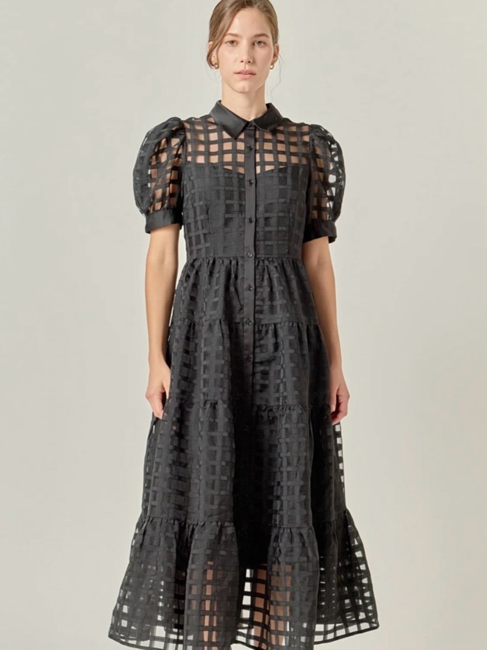 English Factory Black Checkered Sheer Tiered Maxi with Puff Sleeves